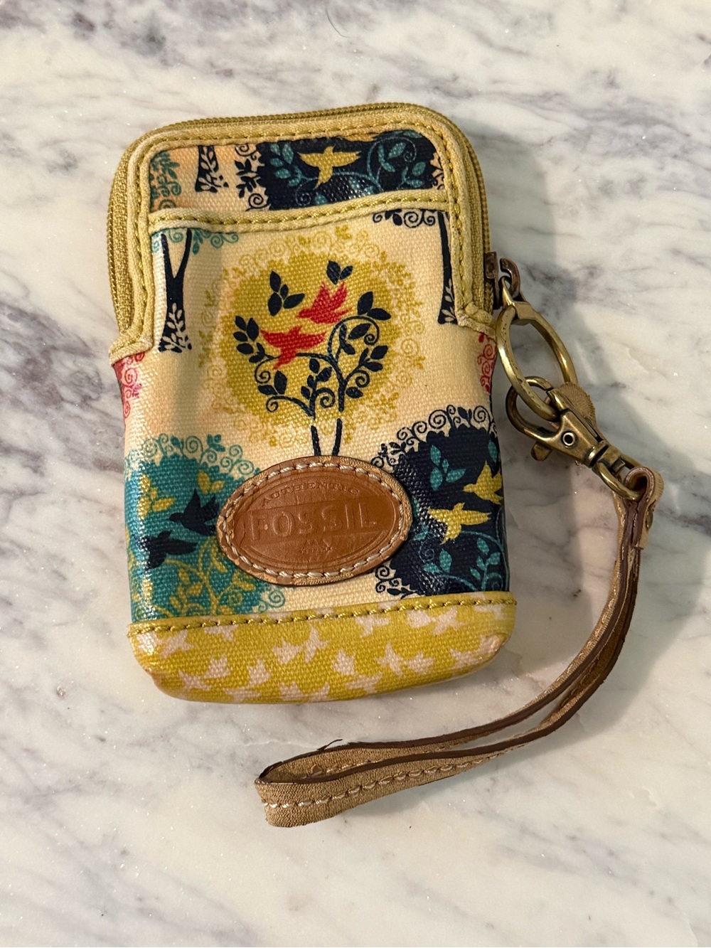 Fossil Zip Top Wristlet, Yellow Bird & Tree Print Coated Canvas, Vintage